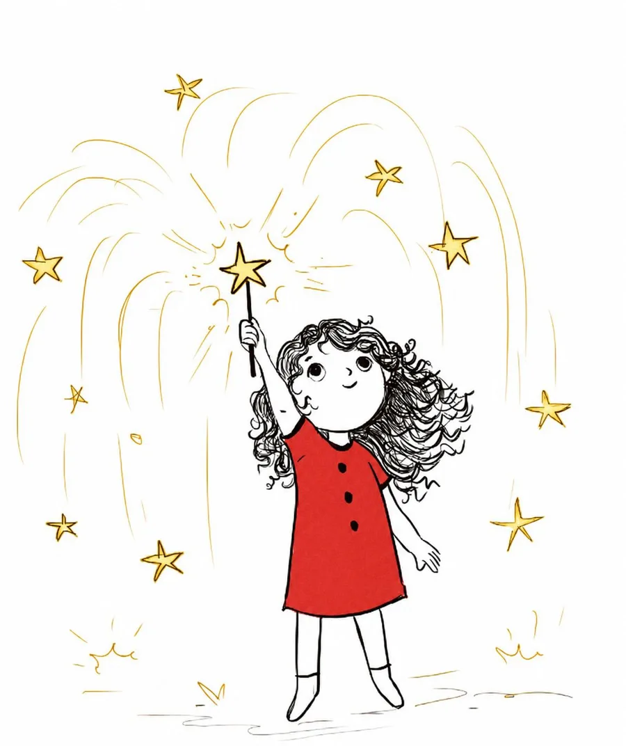 Aki, a small girl in a red dress, raising a wand that scatters golden stars