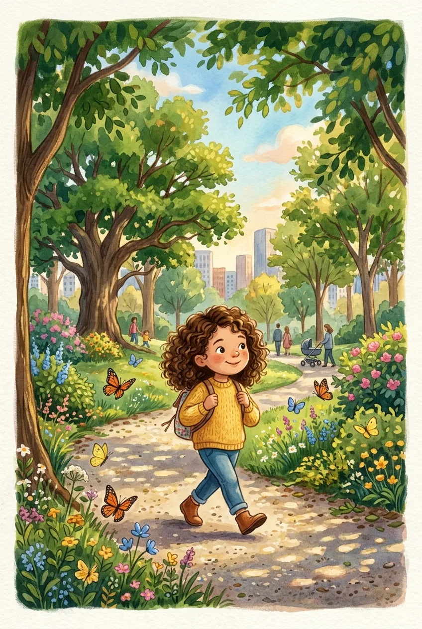 Watercolour illustration of Aki walking through a sunlit park with her backpack, butterflies around her